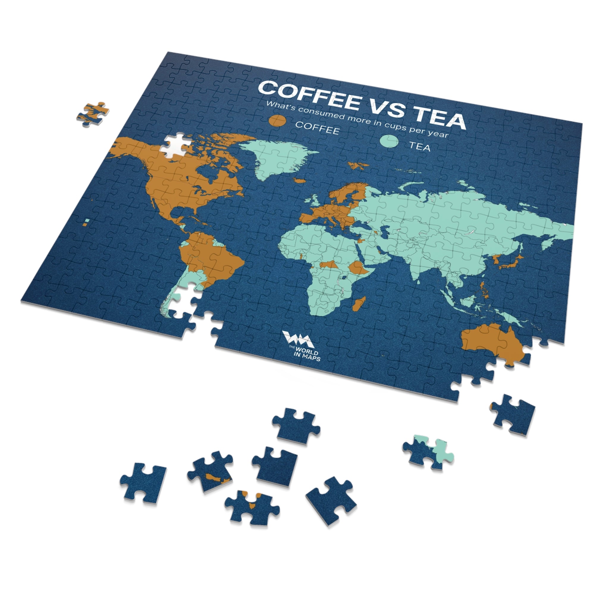 Coffee vs Tea World Map Jigsaw Puzzle with Tin