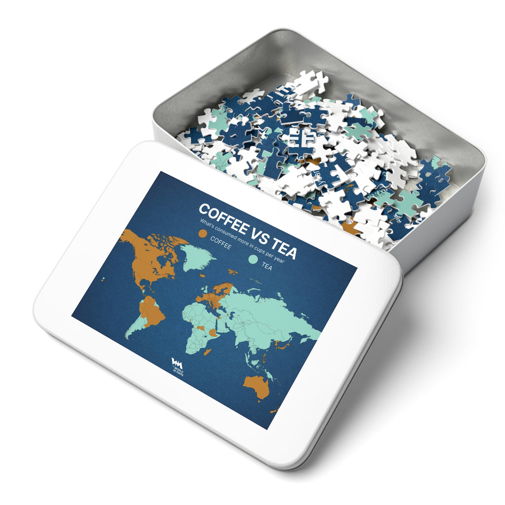 Coffee vs Tea World Map Jigsaw Puzzle with Tin